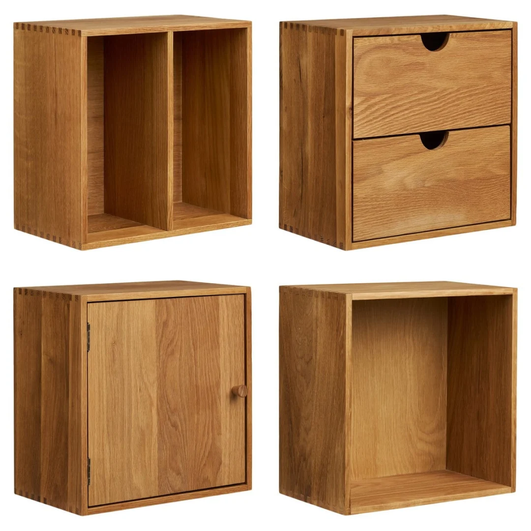 Wandplank Zimmaro naturel eiken, set van 4, met open vakken en compacte 30 cm afmeting