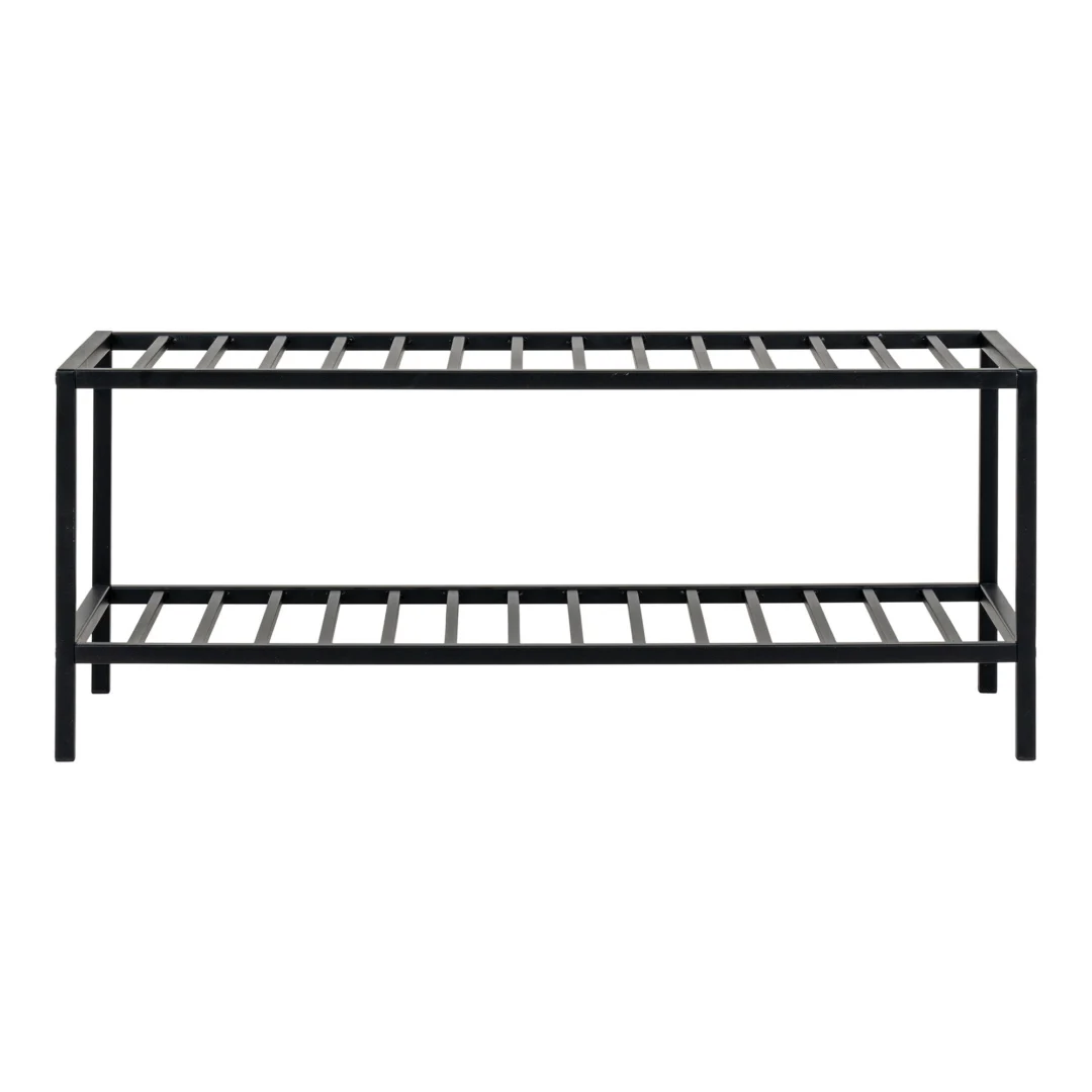 Schoenenrek Meskik van zwart staal met twee schappen, compact en stevig voor 79 cm opbergruimte