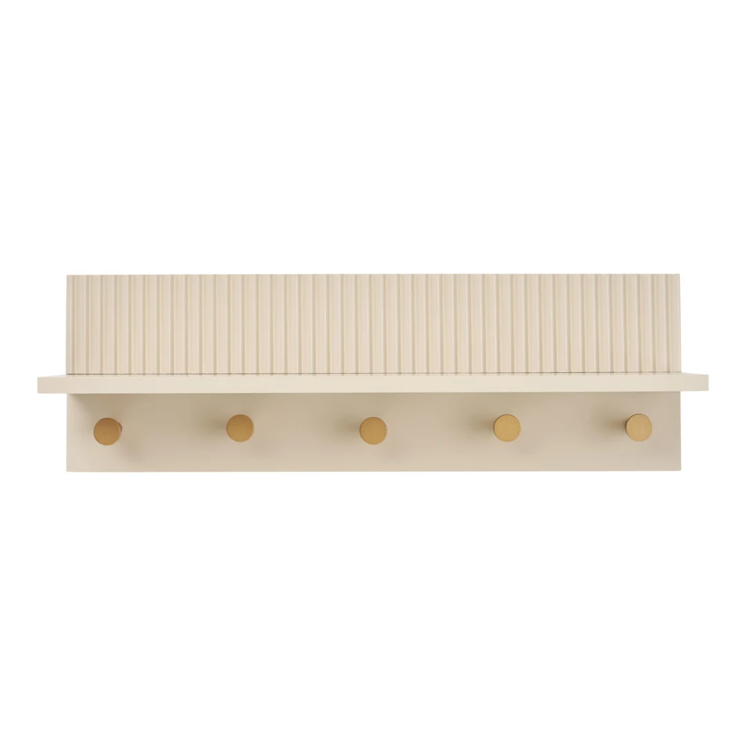 Beige Wandplank Graanne MDF 50 cm met vijf haken en geribbelde bovenkant voor hal of keuken