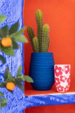 Vaas Lierio blauw keramiek, 30 cm hoog, met ribbelstructuur en moderne ronde vorm, gevuld met cactusspullen