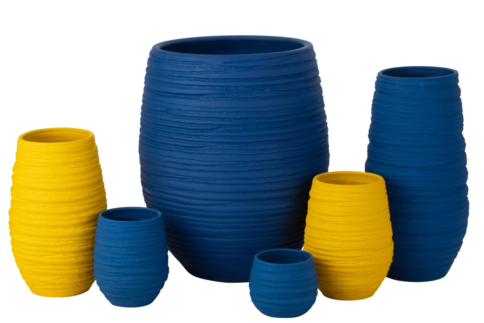 Blauwe keramieken bloempot Costil H60 cm met ribbelstructuur in meerdere formaten en geel-blauwe varianten