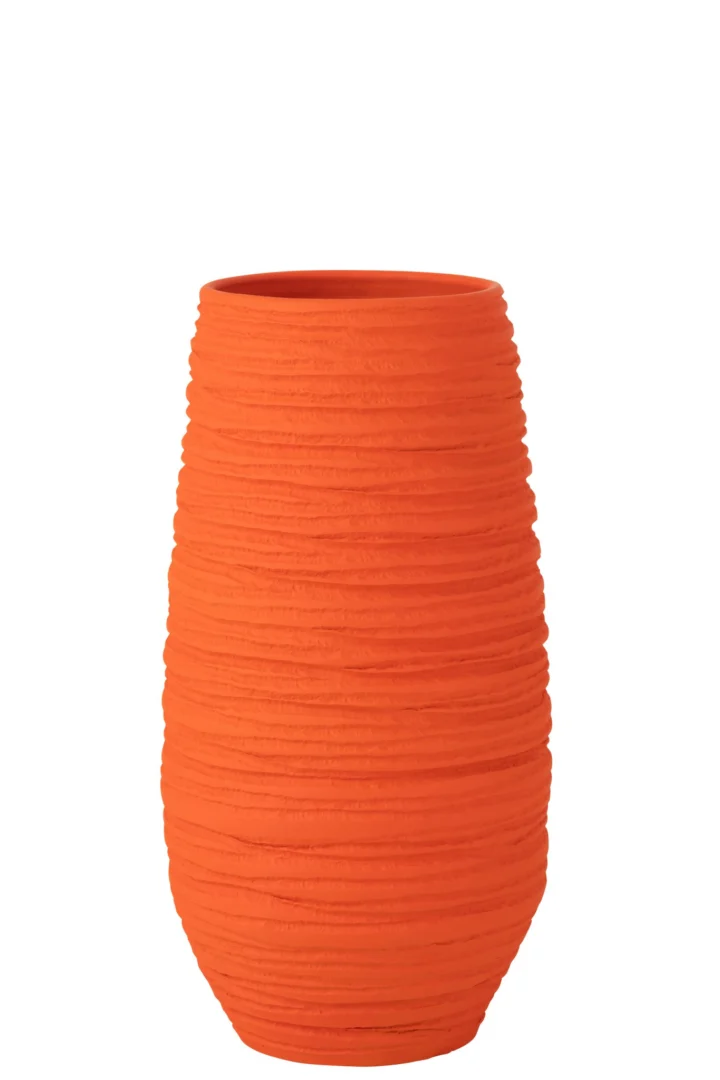 Vaas Klaado keramiek oranje 55 cm met ribbelstructuur en hoge, cilindrische vorm
