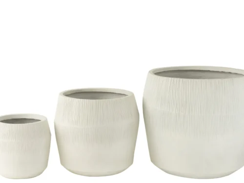 Set van 3 witte Bloempot Greernano vezelklei met strak reliëf, moderne ronde vorm en verschillende maten