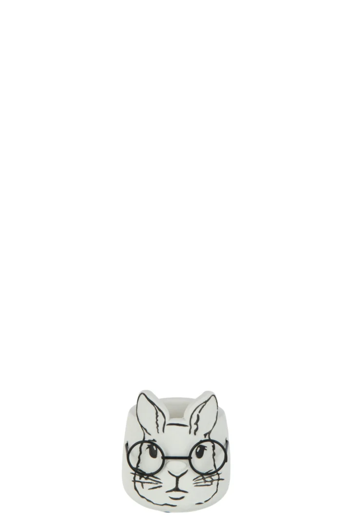 Witte bloempot Skauskine van cement met kattengezicht en bril, compact decoratief ontwerp H10 cm