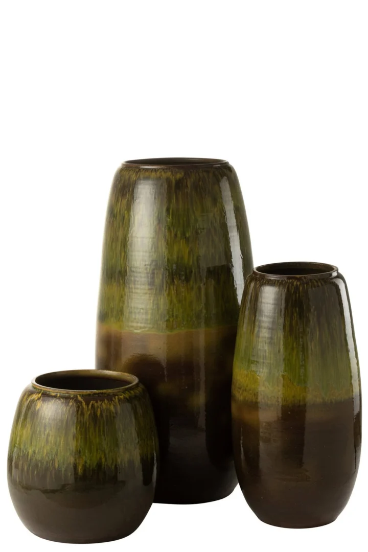 Set van drie glanzende Runa terracotta vazen, meerkleurig bruin-groen in verschillende maten