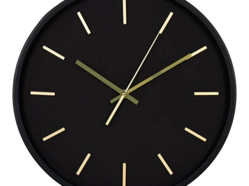 Wandklok Peirnund Zwart, Ø35 cm, moderne zwarte klok met gouden wijzers en geruisloos uurwerk