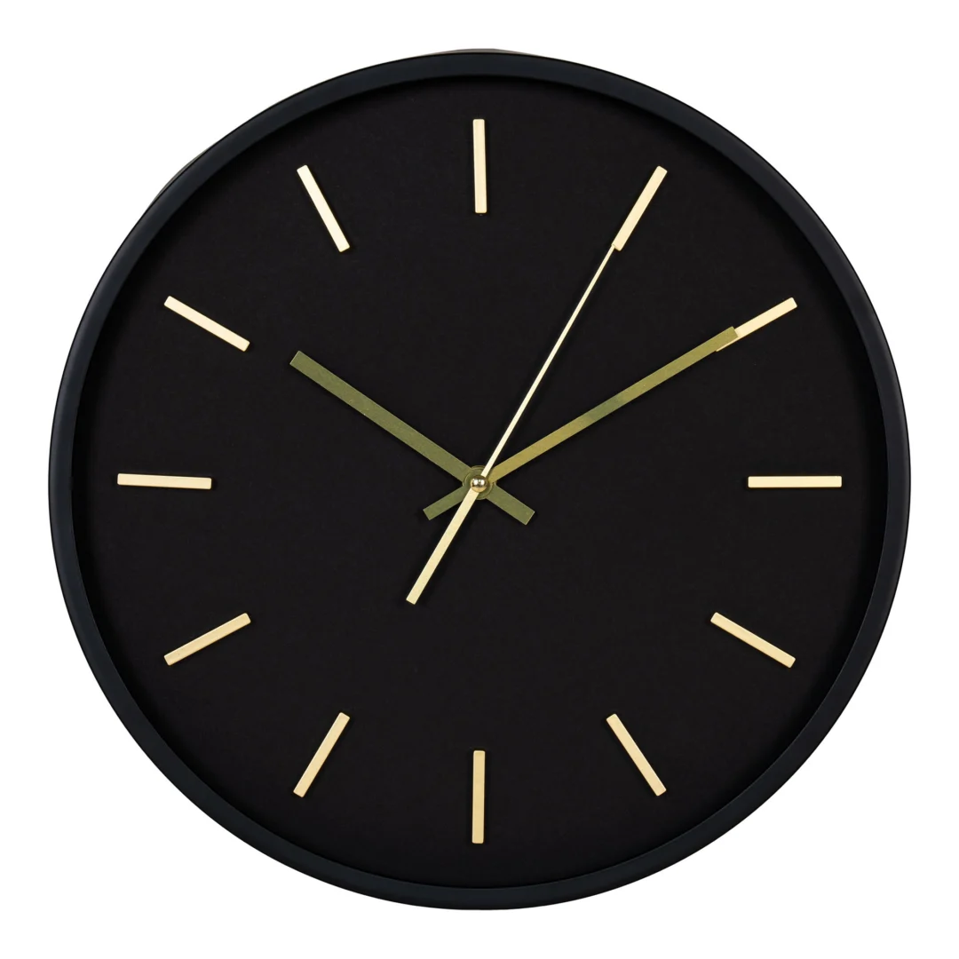 Wandklok Peirnund Zwart, Ø35 cm, moderne zwarte klok met gouden wijzers en geruisloos uurwerk