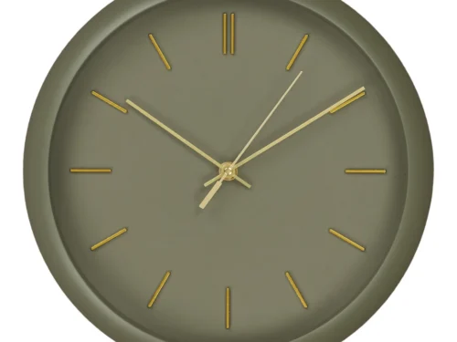 Wandklok Grudis Groen met rustige olijfgroene wijzerplaat, gouden accenten en strak, modern design