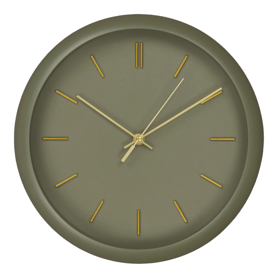 Wandklok Grudis Groen met rustige olijfgroene wijzerplaat, gouden accenten en strak, modern design
