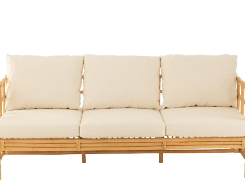 Bank Seemmond Rotan Naturel, driezitsbank met naturel rotan frame en beige kussens