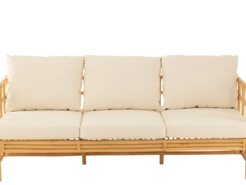 Bank Seemmond Rotan Naturel, driezitsbank met naturel rotan frame en beige kussens