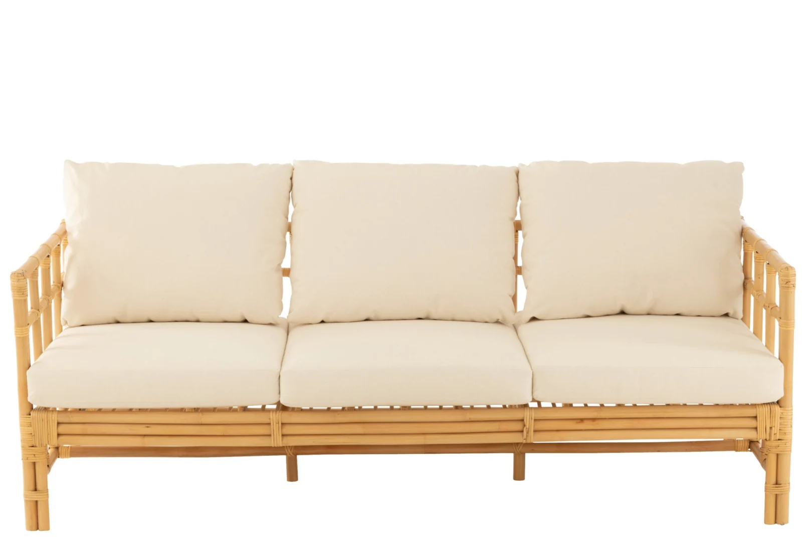 Bank Seemmond Rotan Naturel, driezitsbank met naturel rotan frame en beige kussens