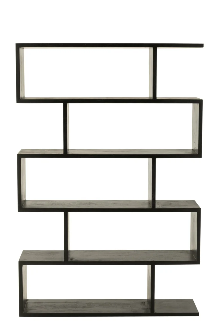 Boekenkast Naandol zwart 120 cm, open mangohout design met slanke verticale vakken en asymmetrische planken
