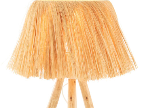 Tafellamp Praurak hout 51 cm met naturel rieten kap en houten driepoot voor een warme, natuurlijke sfeer