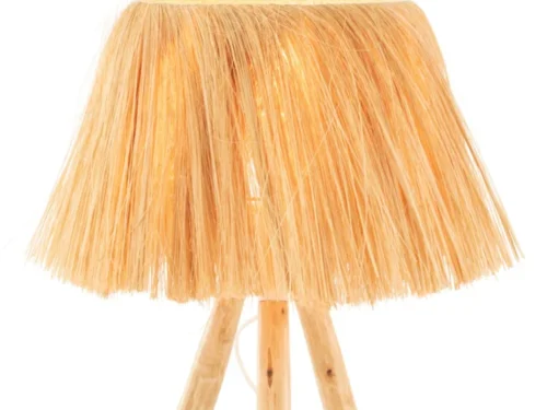 Tafellamp Praurak hout 51 cm met naturel rieten kap en houten driepoot voor een warme, natuurlijke sfeer