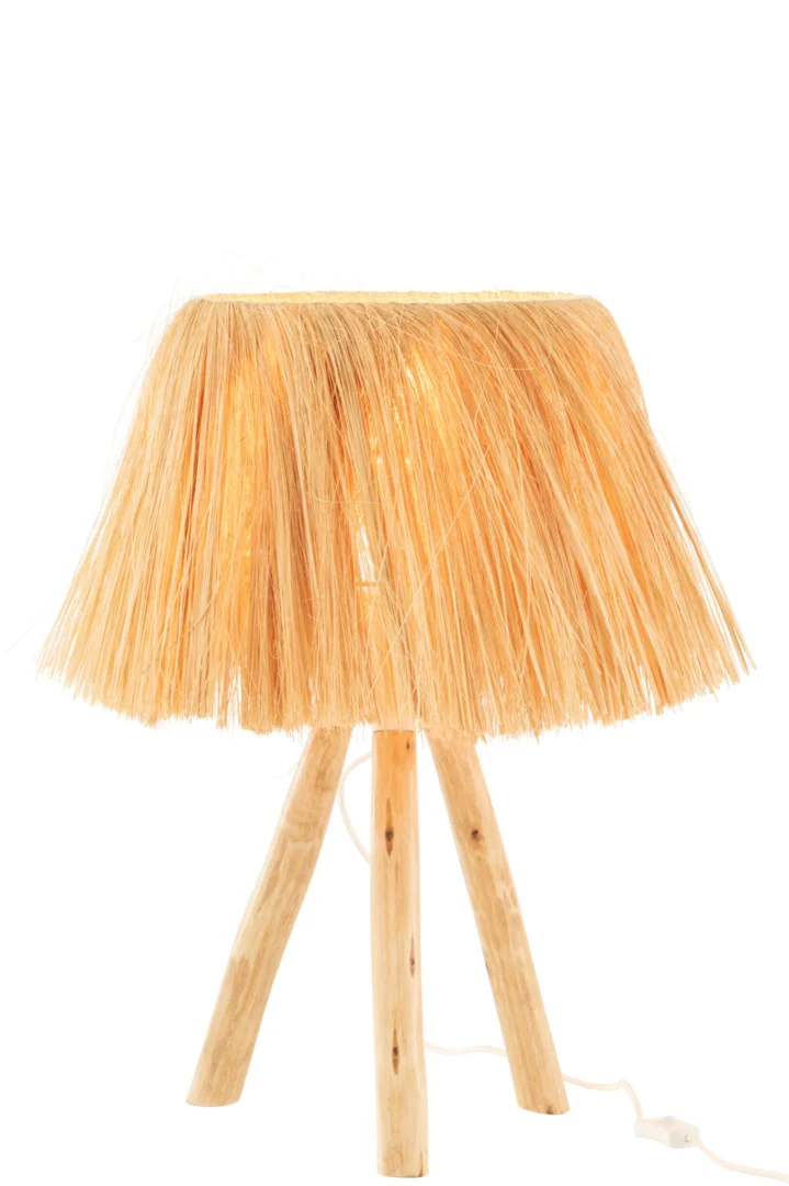 Tafellamp Praurak hout 51 cm met naturel rieten kap en houten driepoot voor een warme, natuurlijke sfeer