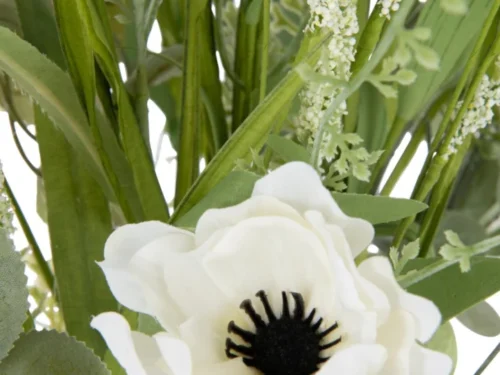 Kunstbloem Russine wit polyester boeket met groene bladeren en delicate bloemen, stijlvol en luchtig