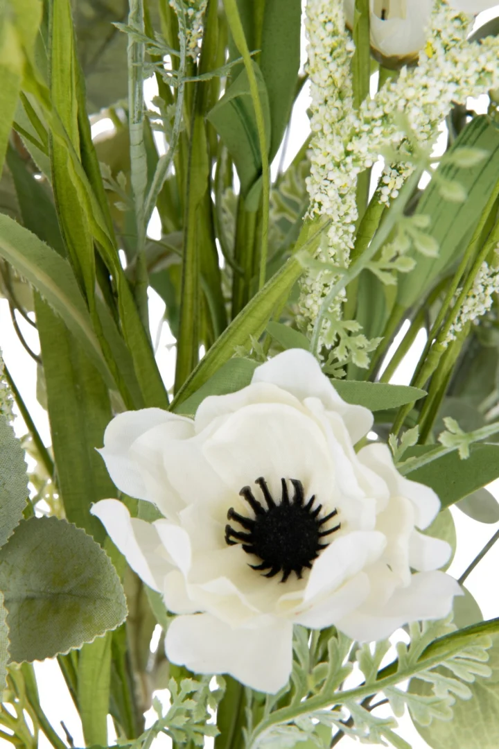 Kunstbloem Russine wit polyester boeket met groene bladeren en delicate bloemen, stijlvol en luchtig