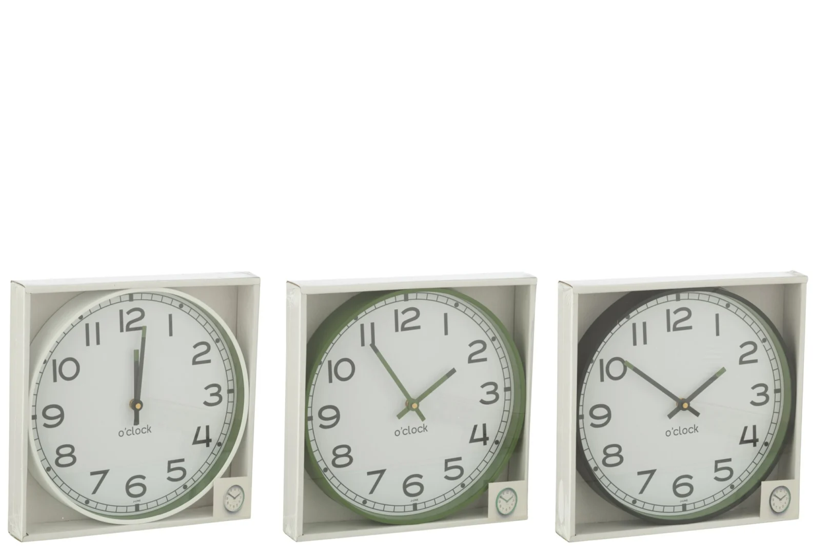 Wandklok Preeldar set van 3, rond en meerkleurig in groen, wit en zwart met moderne uitstraling