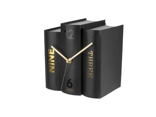 Tafelklok Joondum Zwart als drie boeken, zwarte Karlsson tafelklok met gouden wijzers en modern design