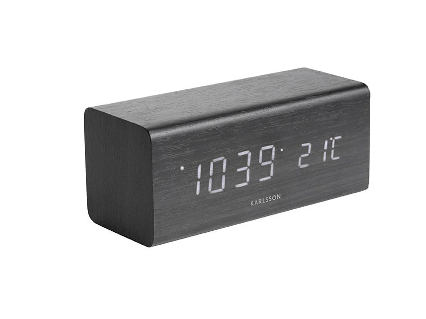 Wekker Steibon zwart met LED-display, datum en temperatuur in modern houtfineer ontwerp