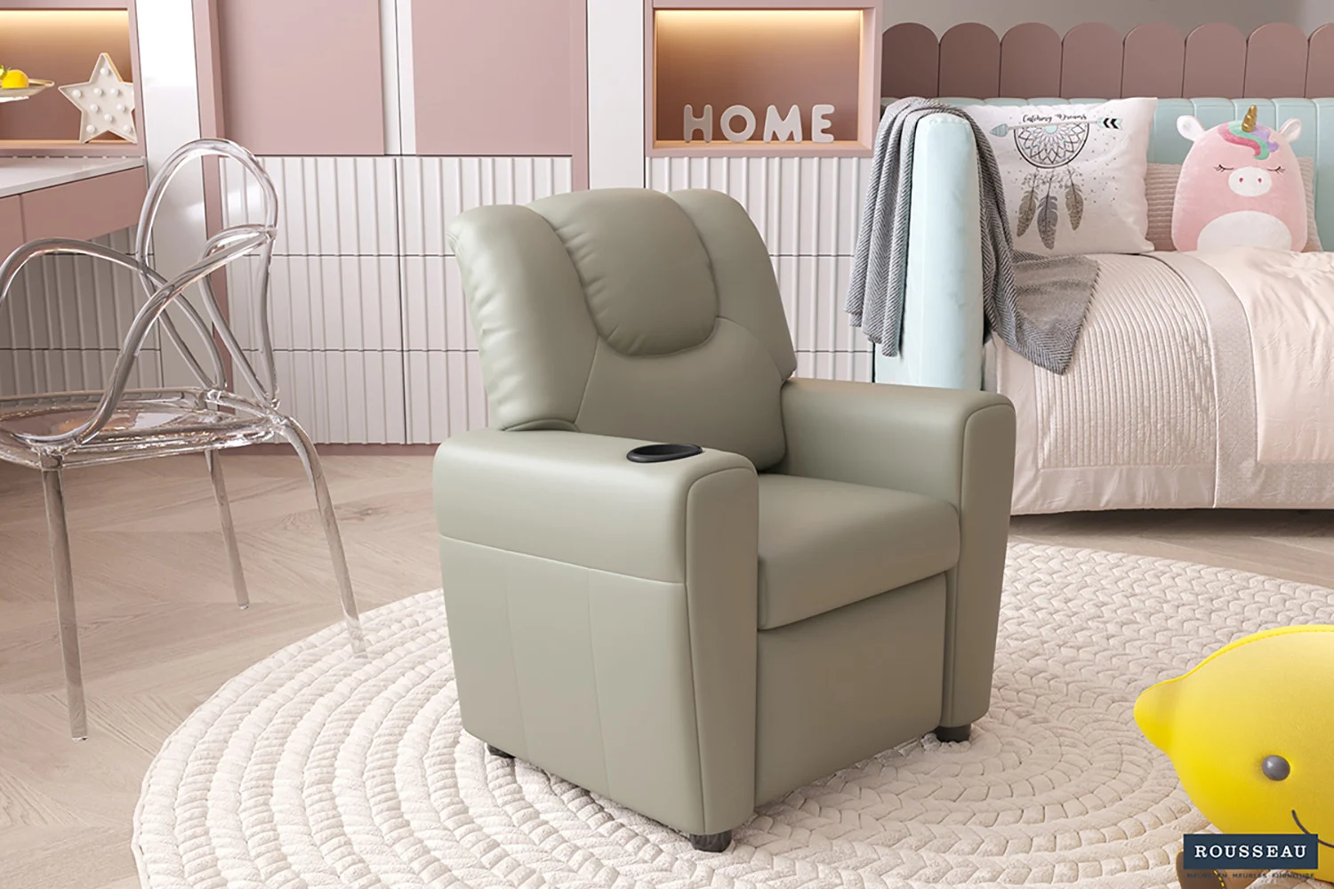 Woonaccessoire Veidond grijs, verstelbare breedte, compact design in een zachte kinderkamerinterieursetting