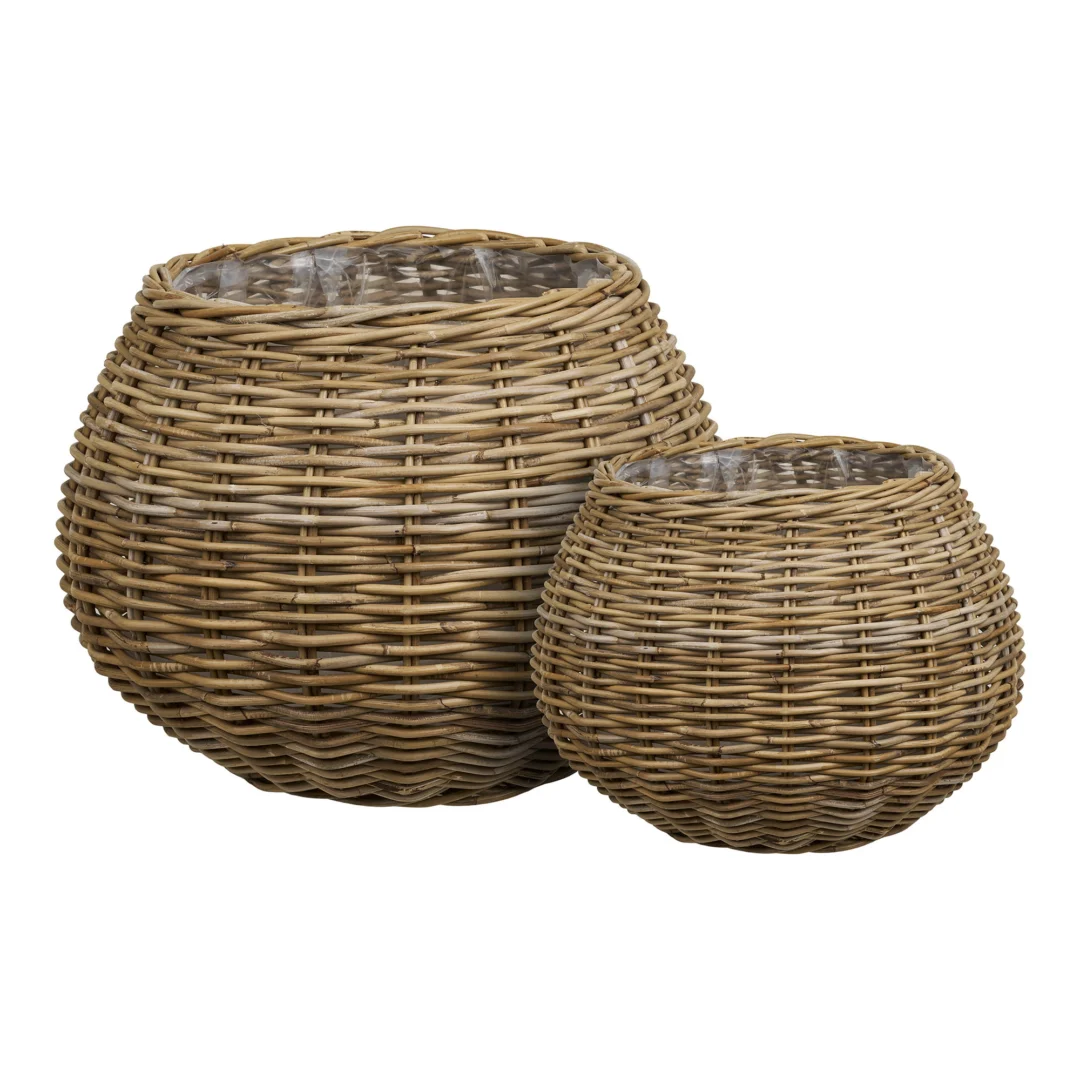 Mand Kaansero rotan naturel set van 2, ronde gevlochten manden in twee formaten met plastic binnenvoering