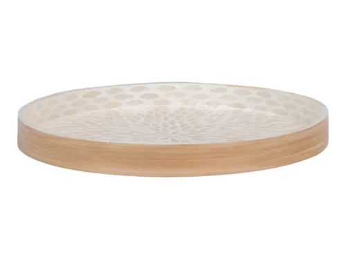 Dienblad Sloomi bamboe beige, rond met capizschelp-afwerking en stijlvolle lage rand