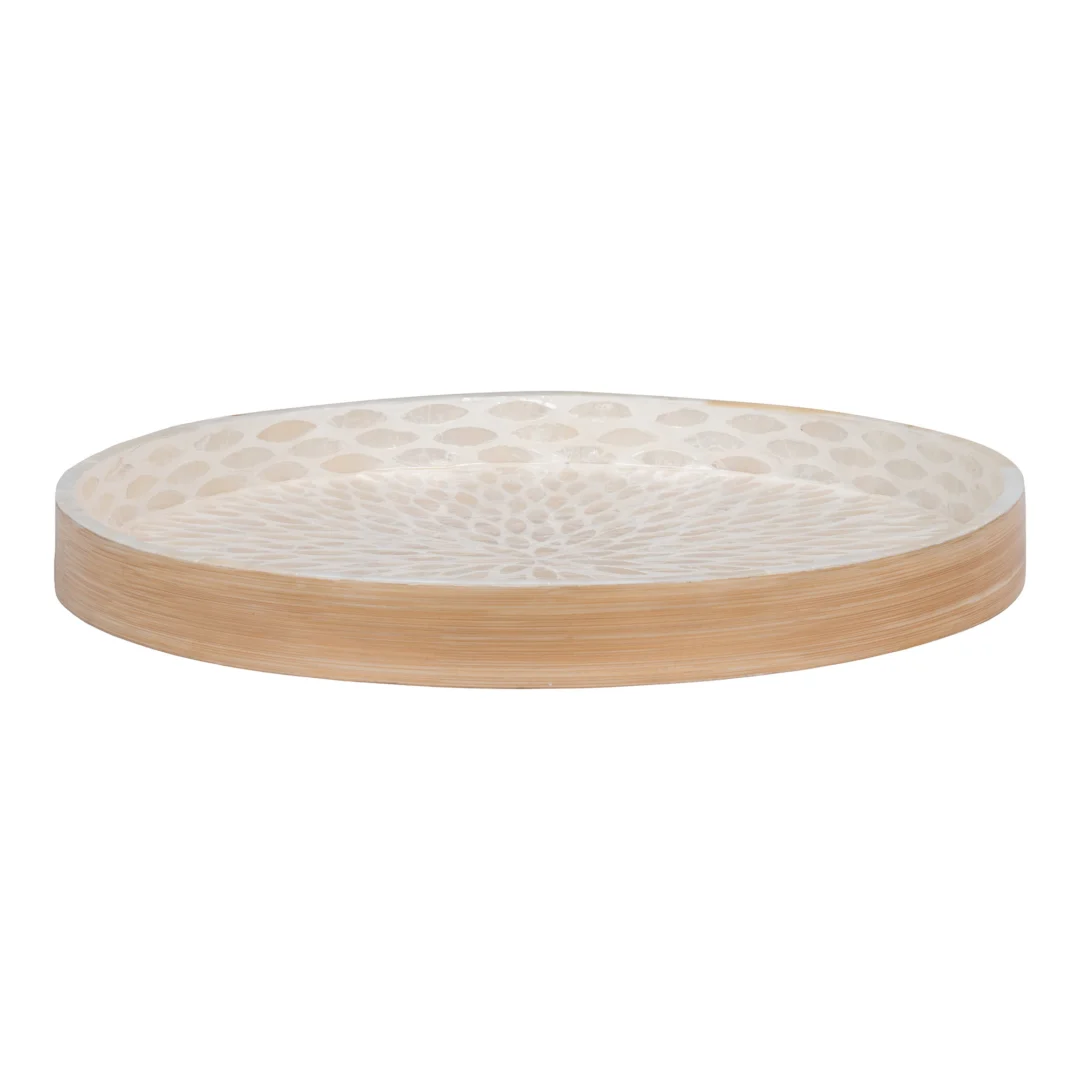 Dienblad Sloomi bamboe beige, rond met capizschelp-afwerking en stijlvolle lage rand