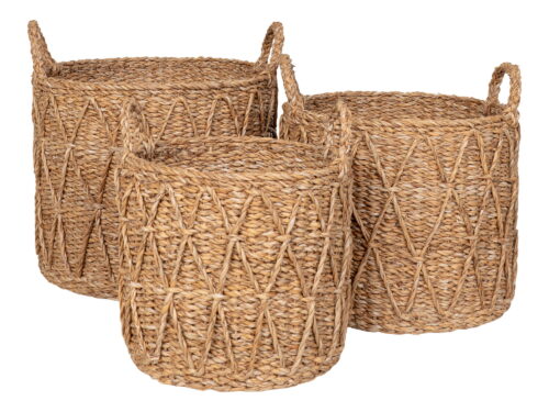 Mand Graultol zeegras naturel, set van 3 gevlochten opbergmanden met handgrepen