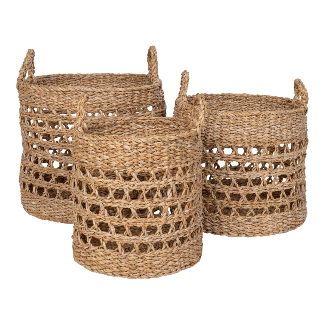 Mand Poollane Zeegras Naturel set van 3 handgeweven opbergmanden met open structuur en handgrepen