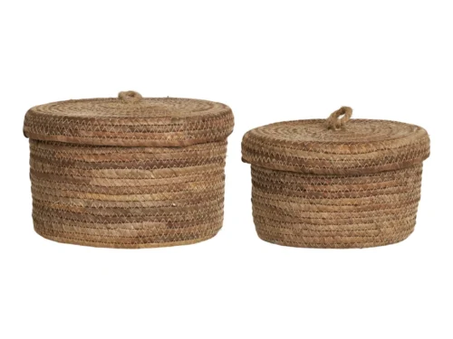 Mand Fleiltes Naturel set van 2, ronde opbergmanden van bananenblad met deksel en handgreep, naturel kleur