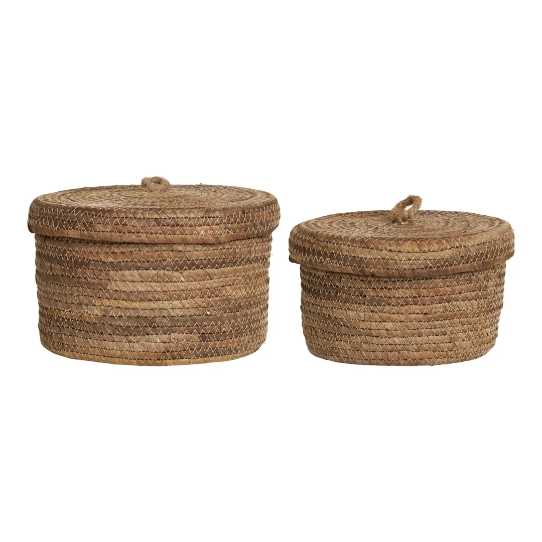 Mand Fleiltes Naturel set van 2, ronde opbergmanden van bananenblad met deksel en handgreep, naturel kleur