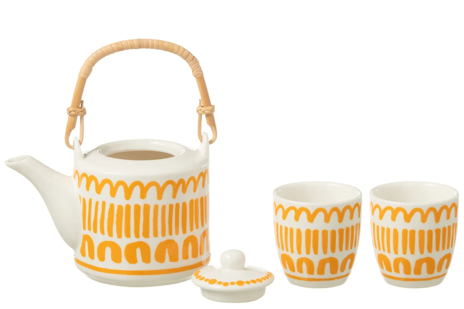 Theepot Phuket keramiek oranje set van 3 met gestreepte afwerking en bamboe handgreep
