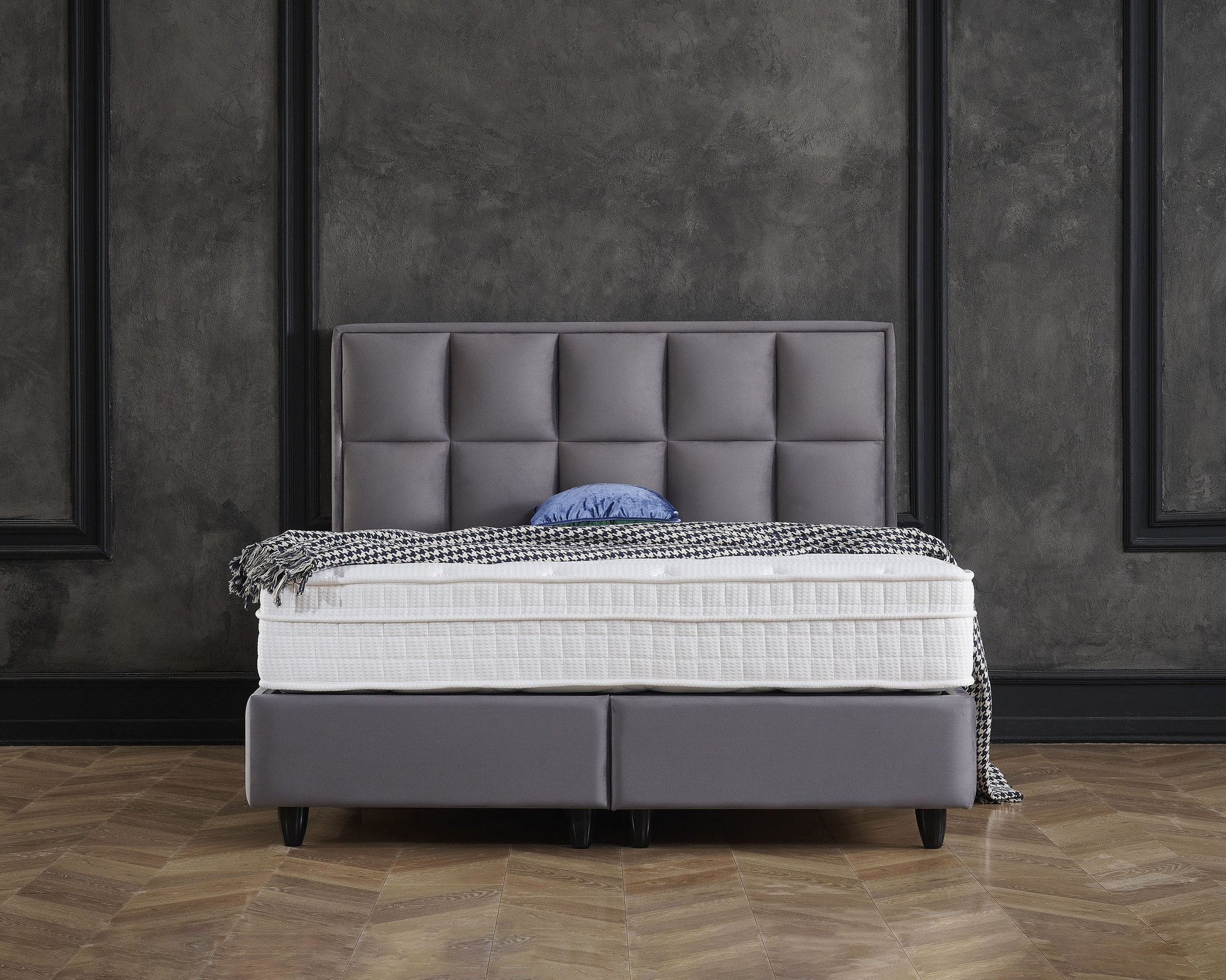 Boxspring Vaurmar Antraciet 160x200 met hoofdbord, opbergboxen en matras in moderne hotel chique stijl