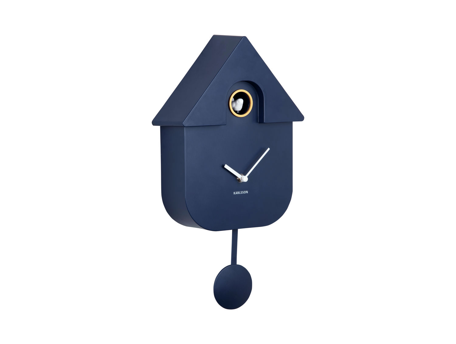 Wandklok Prilena Donkerblauw met huisvorm, metallic details en slingerpendel