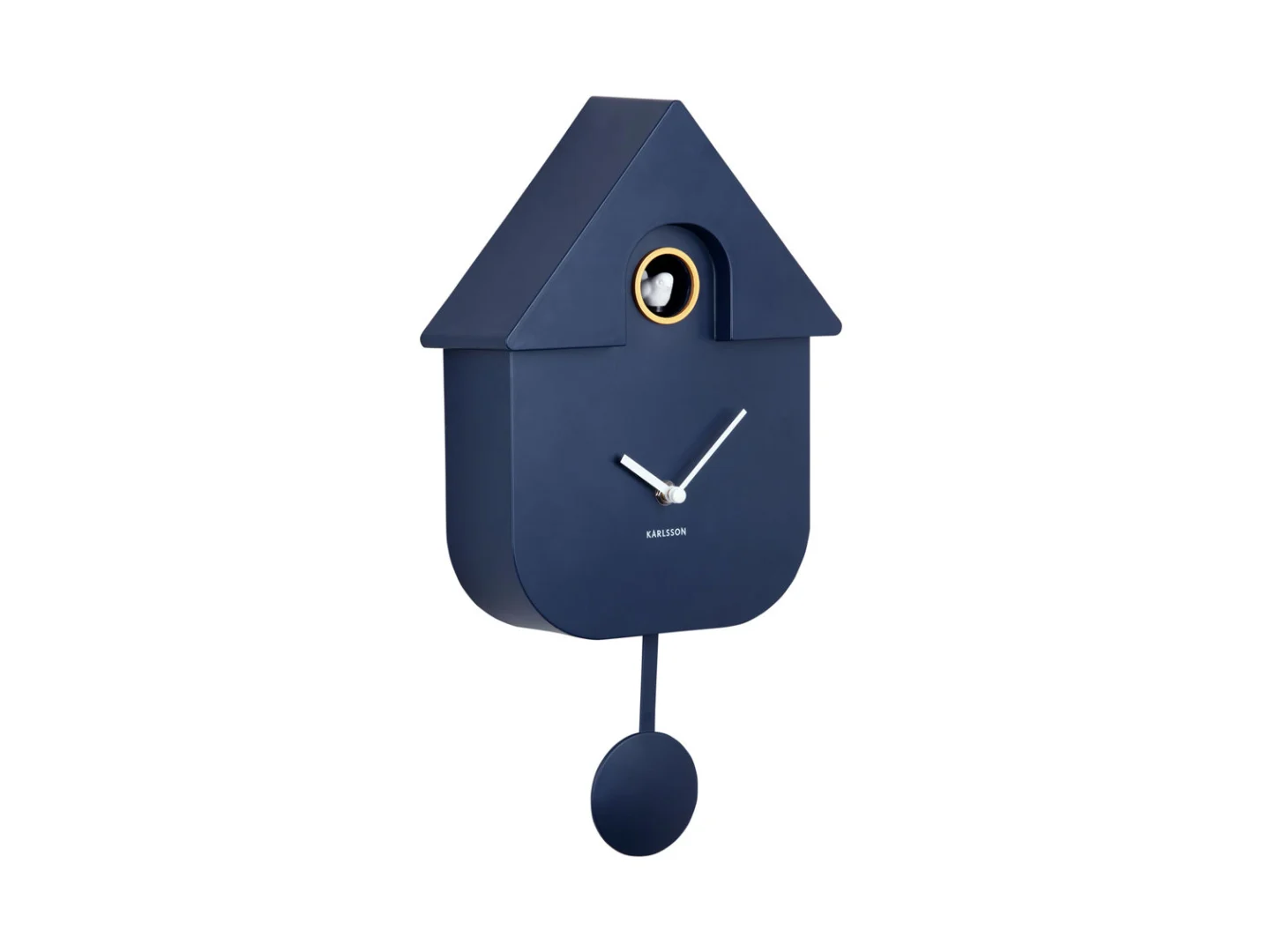 Wandklok Prilena Donkerblauw met huisvorm, metallic details en slingerpendel