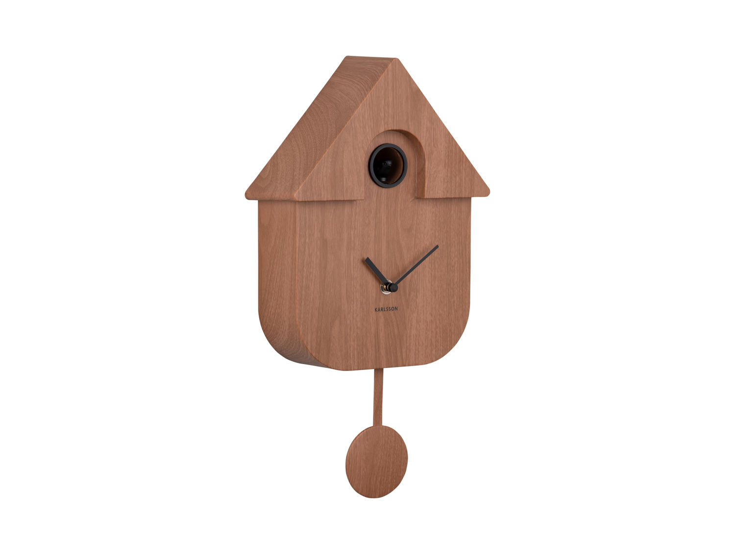 Wandklok Geemma Hout met koekoek, houten behuizing en speels slingerpendulum in modern design