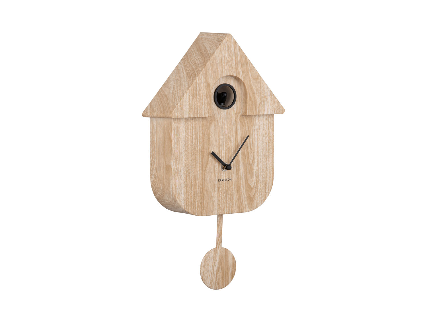 Karlsson Wandklok Troonsan Hout, huisvormig design met zwarte wijzers en pendel