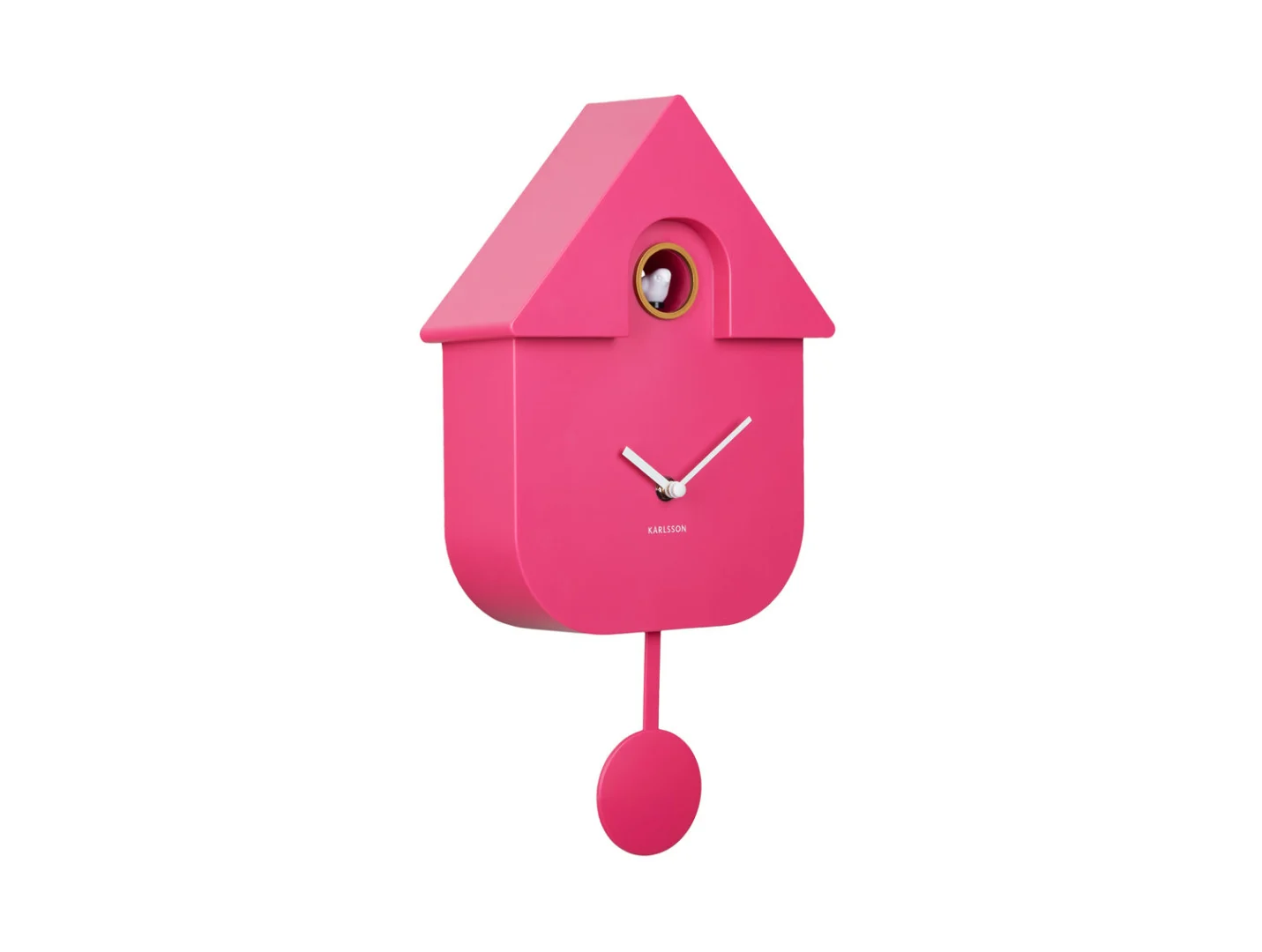 Karlsson Wandklok Praldel helder roze met huisvorm, metalen pendel en minimalistisch design