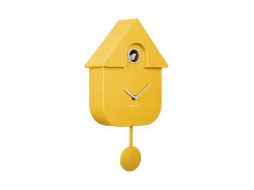 Wandklok Jietia Helder Geel in huisvorm met cuckoo-opening, slinger en moderne gele afwerking