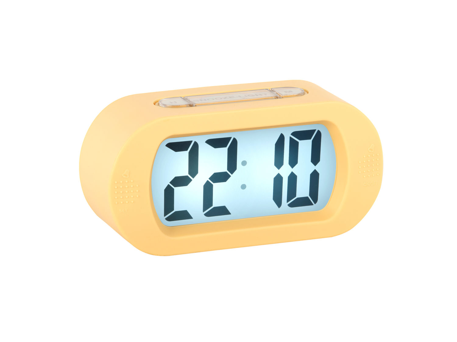 Wekker Jaanona Zacht Geel van Karlsson, compacte digitale wekker met zacht geel siliconen frame en blauw display