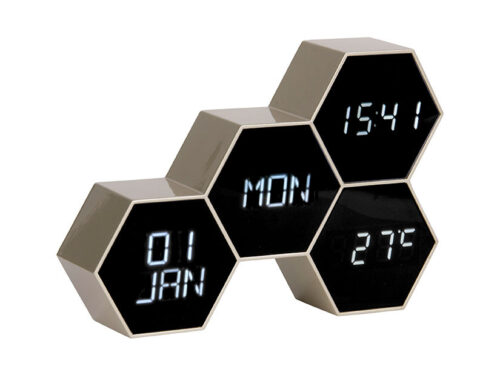Wekker Taardon Goud digitale wekker met dag, datum, tijd en temperatuur in modern zeshoekig design