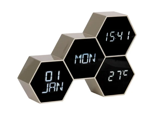 Wekker Taardon Goud digitale wekker met dag, datum, tijd en temperatuur in modern zeshoekig design