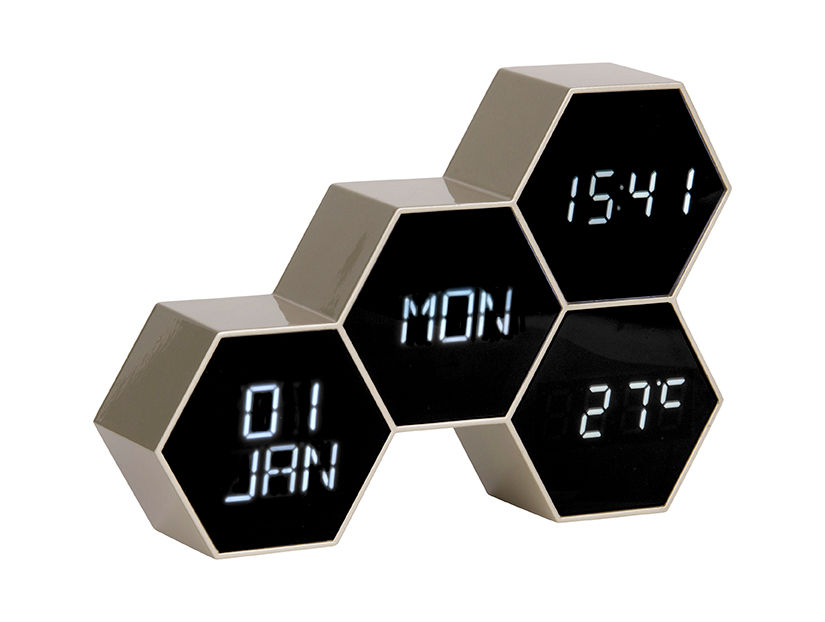 Wekker Taardon Goud digitale wekker met dag, datum, tijd en temperatuur in modern zeshoekig design