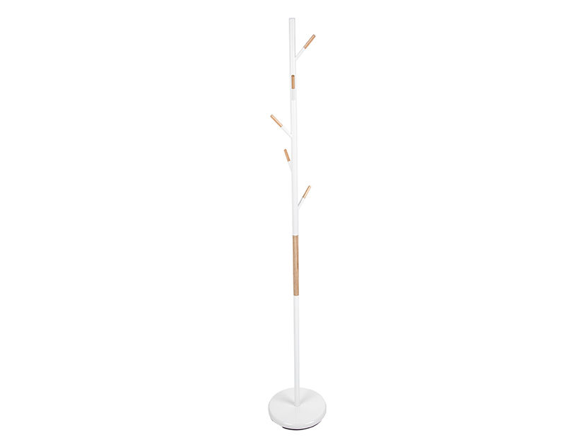 Kapstok Hessia Hout, slank wit staand model met rubberwood details en meerdere haken