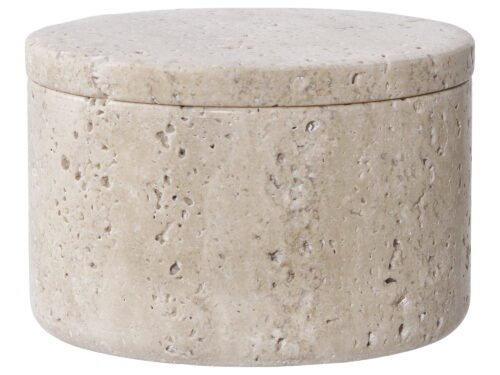 Opbergpot Geiven naturel travertijn, compact rond opbergpotje met deksel en rustieke structuur