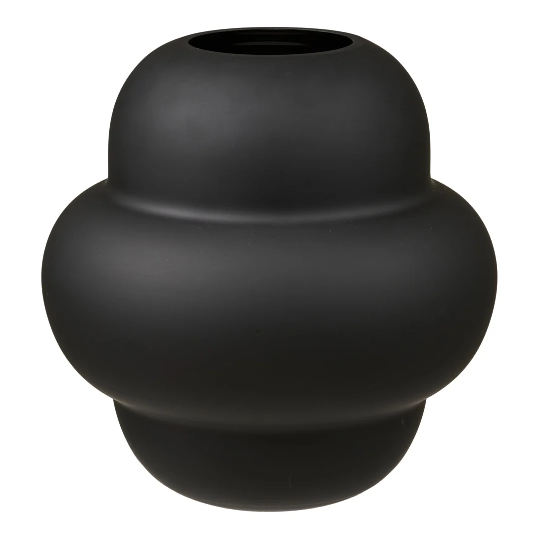 Vaas Flaarmond zwart glas, mondgeblazen en compact, met tijdloos rond ontwerp voor stijlvolle styling