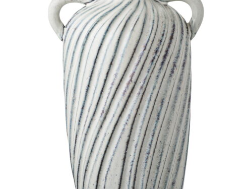 Blauwe keramische Fommun vaas H22 cm met handgrepen en elegant gestreept reliëf