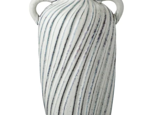 Blauwe keramische Fommun vaas H22 cm met handgrepen en elegant gestreept reliëf
